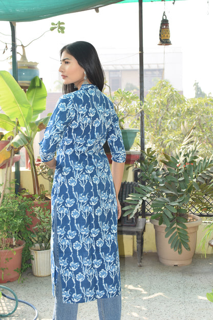 Blue matka collared Printed Cotton Kurta