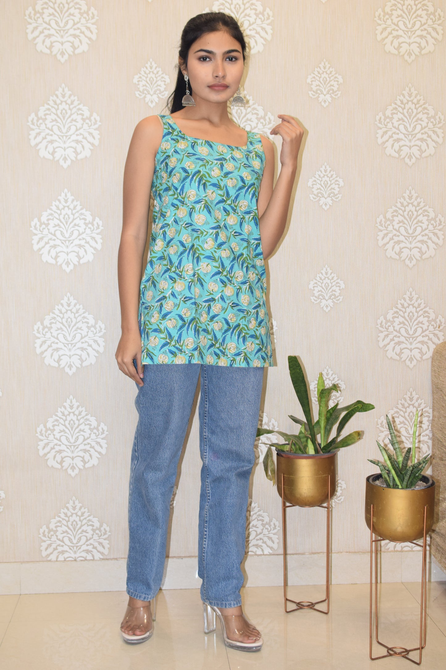 Sea Green Cotton Broad Neck Kurti