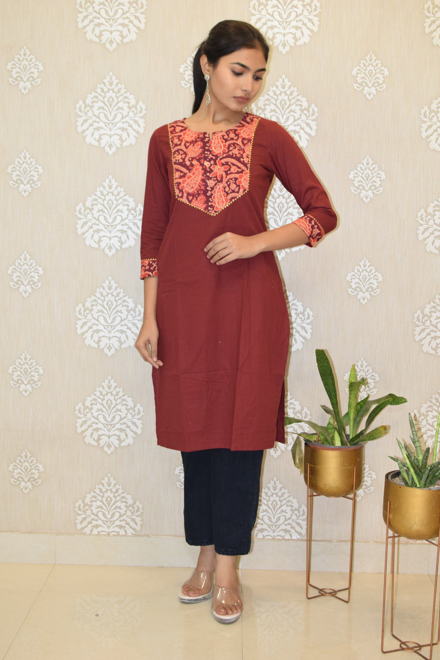 Maroon long yolk Kurta