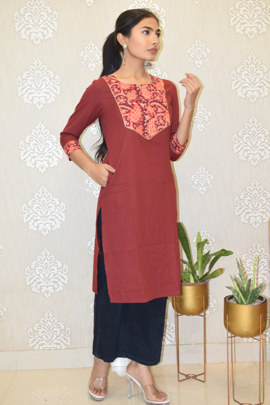 Maroon long yolk Kurta