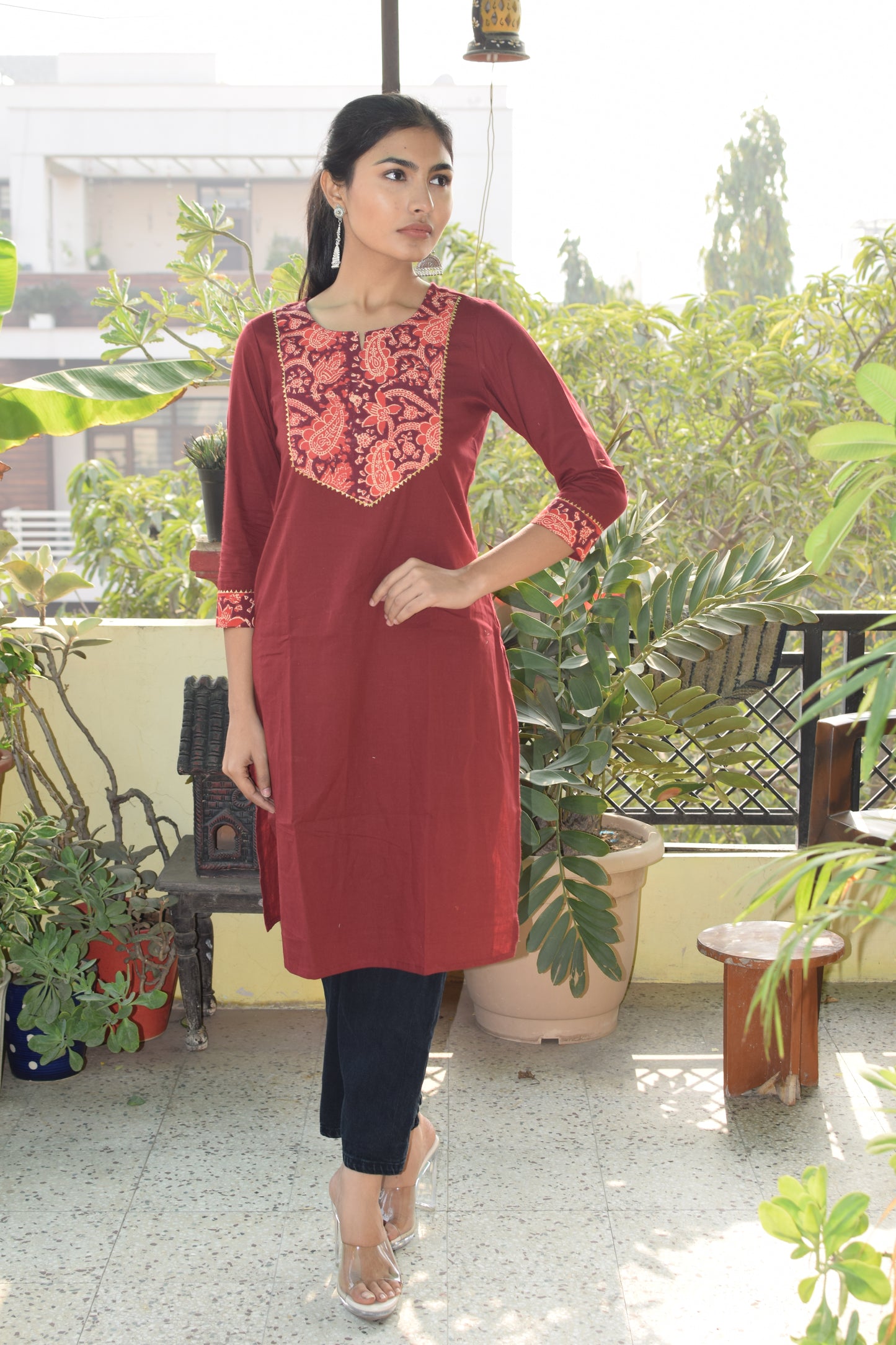 Maroon long yolk Kurta