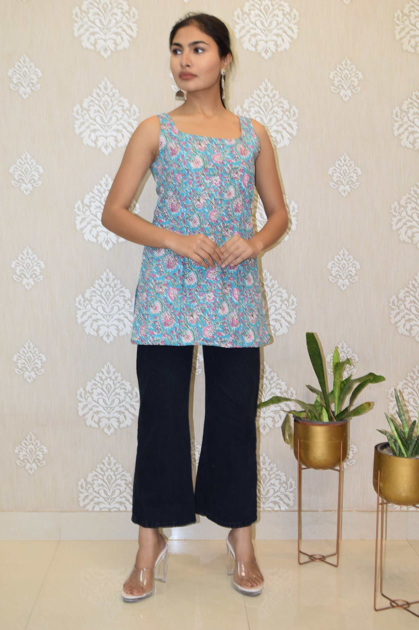 Tquorise Pink Cotton Broad Neck Kurti