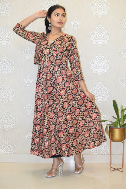 Red Kalamkari Long Flared A Line Dress with jacket