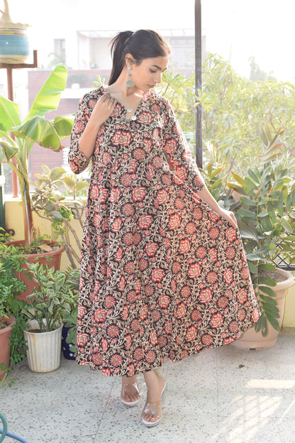 Red Kalamkari Long Flared A Line Dress with jacket