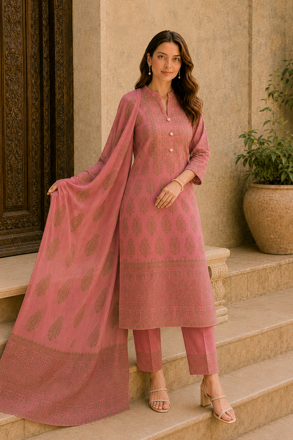 Gulnaar Dusty Rose Paisley Kurta Pant Dupatta Set