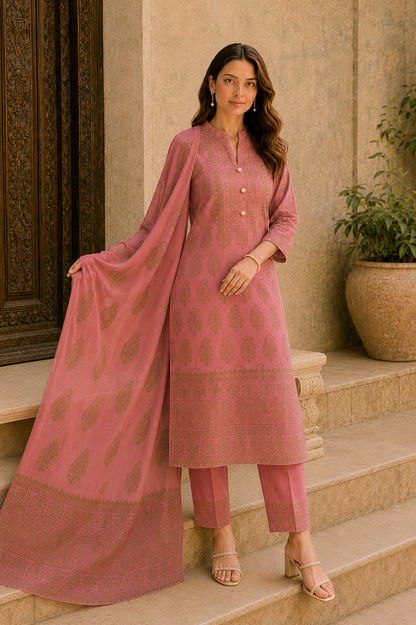 Gulnaar Dusty Rose Paisley Kurta Pant Dupatta Set