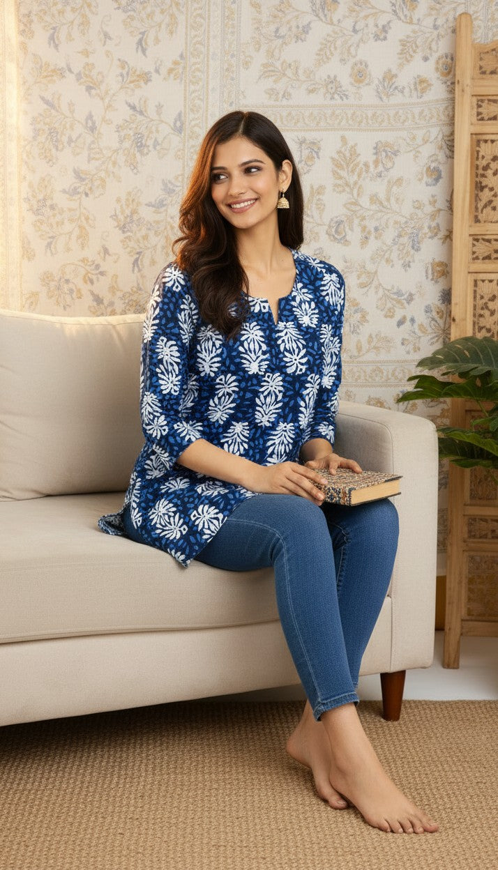 Indigo Bloom Printed Cotton Kurti