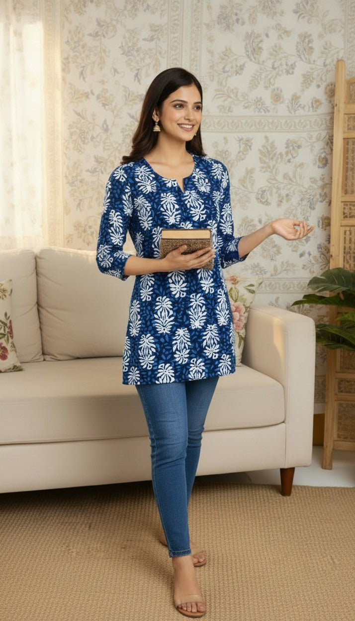 Indigo Bloom Printed Cotton Kurti