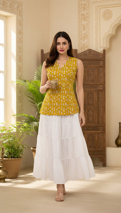 Mustard Marina Handblock Sleeveless Top