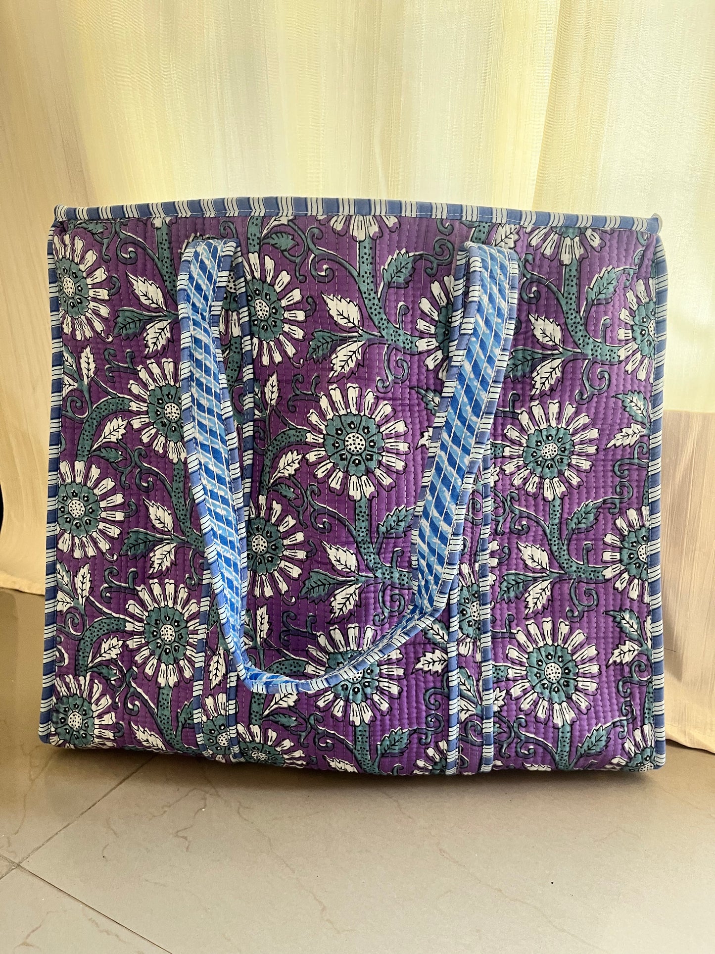 Purple Handblock Printed Quilted Tote Bag with concealed zip