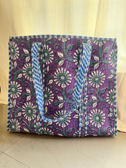 Purple Handblock Printed Quilted Tote Bag with concealed zip
