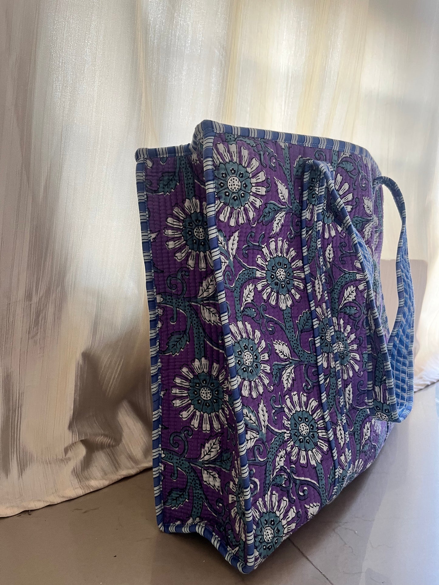 Purple Handblock Printed Quilted Tote Bag with concealed zip