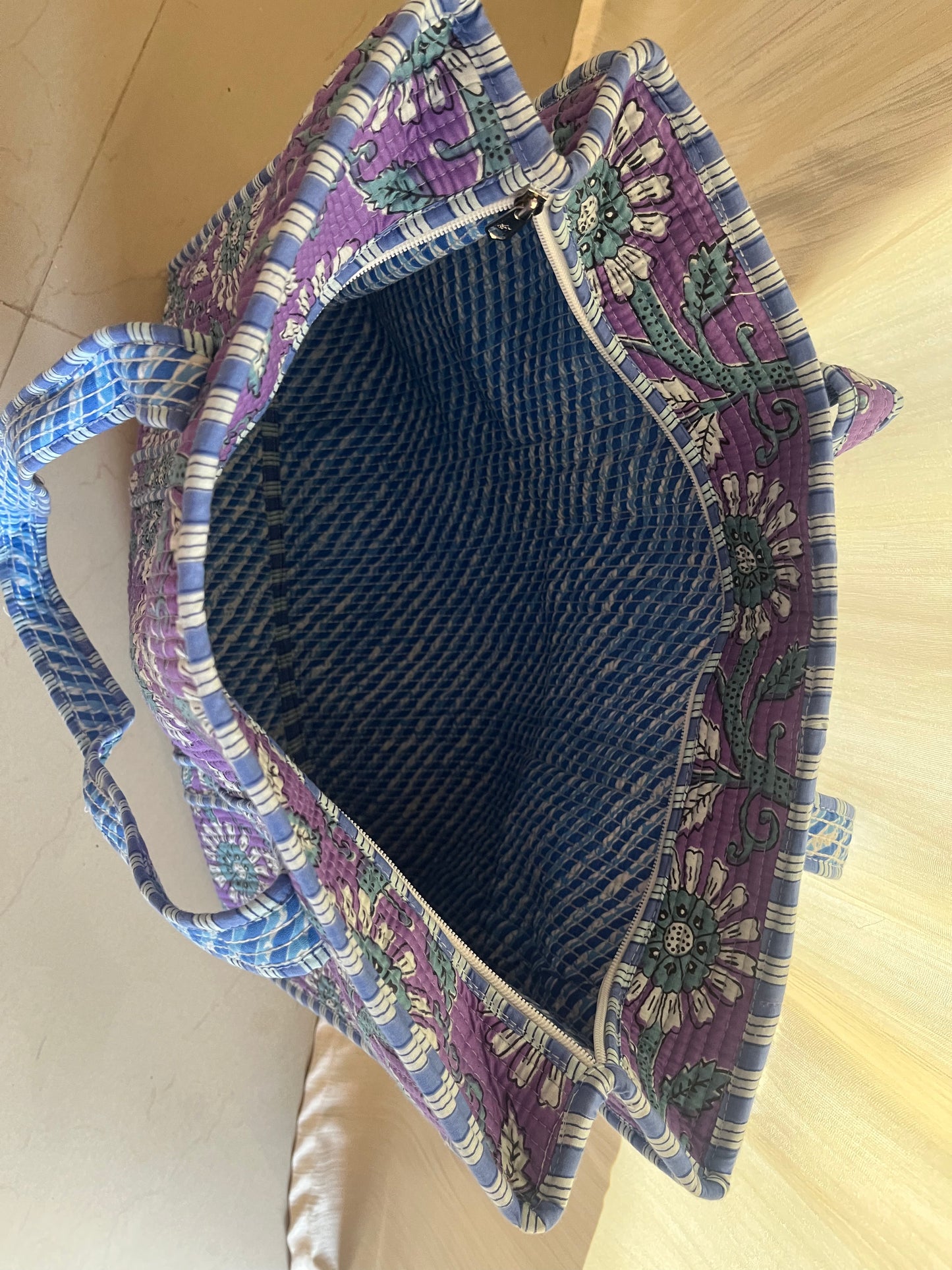 Purple Handblock Printed Quilted Tote Bag with concealed zip