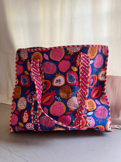 Blue abstract Handblock Printed Quilted Tote Bag with concealed zip