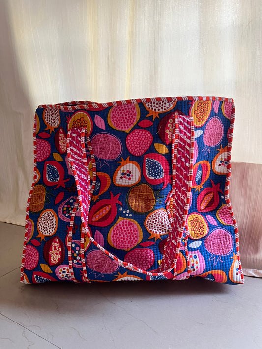 Blue abstract Handblock Printed Quilted Tote Bag with concealed zip