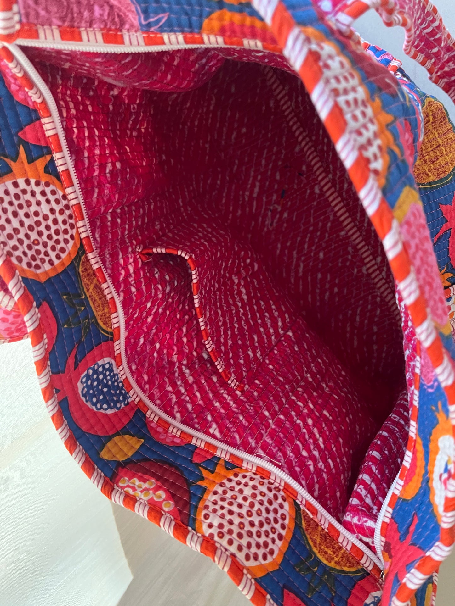 Blue abstract Handblock Printed Quilted Tote Bag with concealed zip