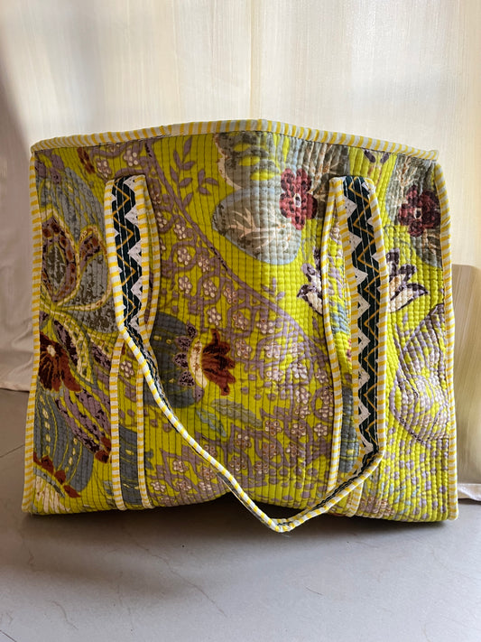 Lime Yellow Handblock Printed Quilted Tote Bag with concealed zip