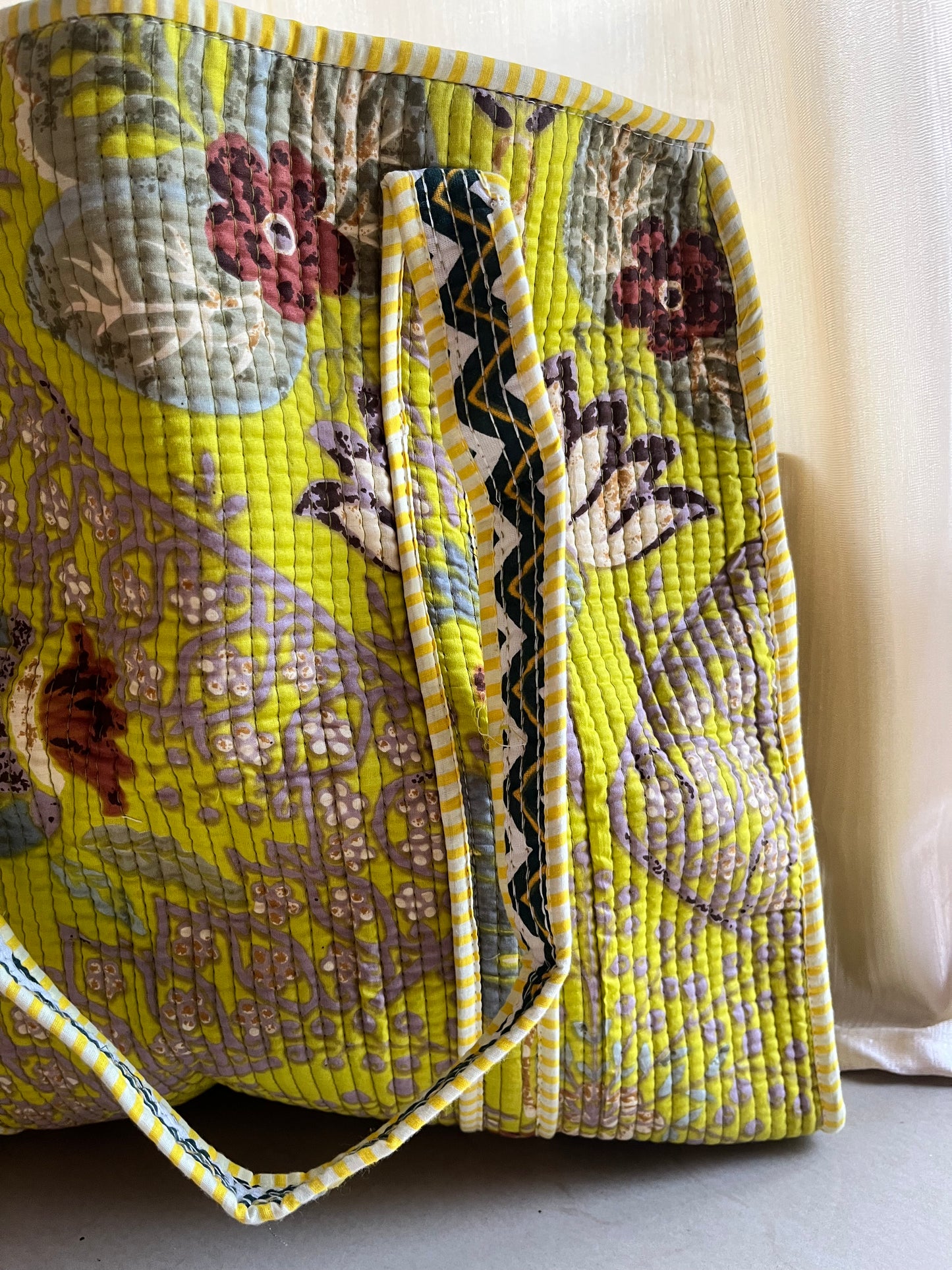 Lime Yellow Handblock Printed Quilted Tote Bag with concealed zip