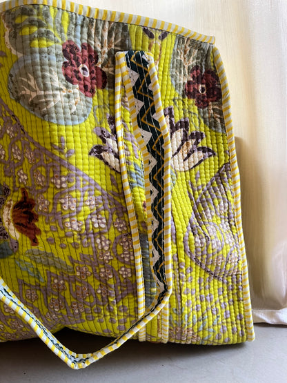 Lime Yellow Handblock Printed Quilted Tote Bag with concealed zip