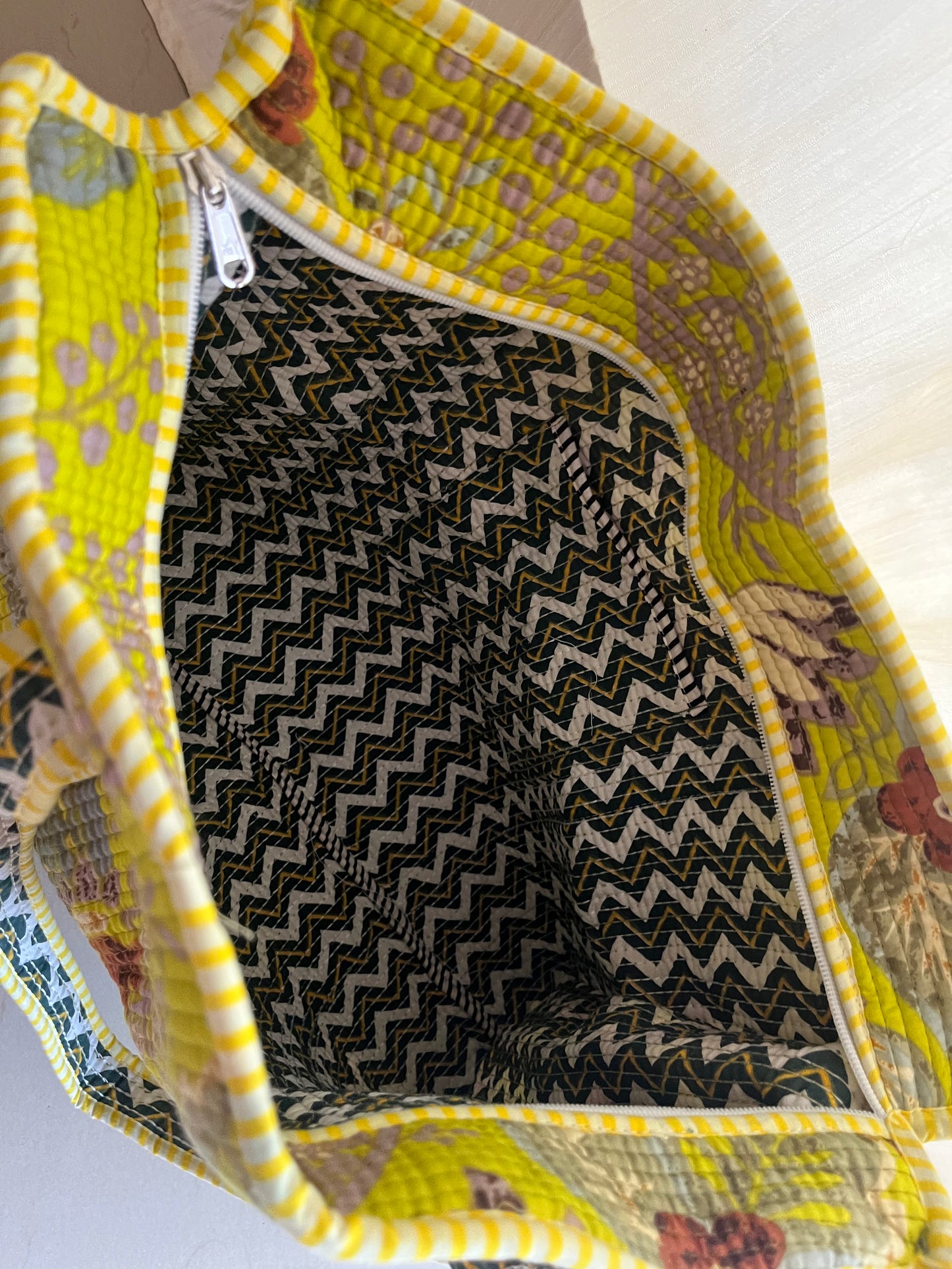 Lime Yellow Handblock Printed Quilted Tote Bag with concealed zip