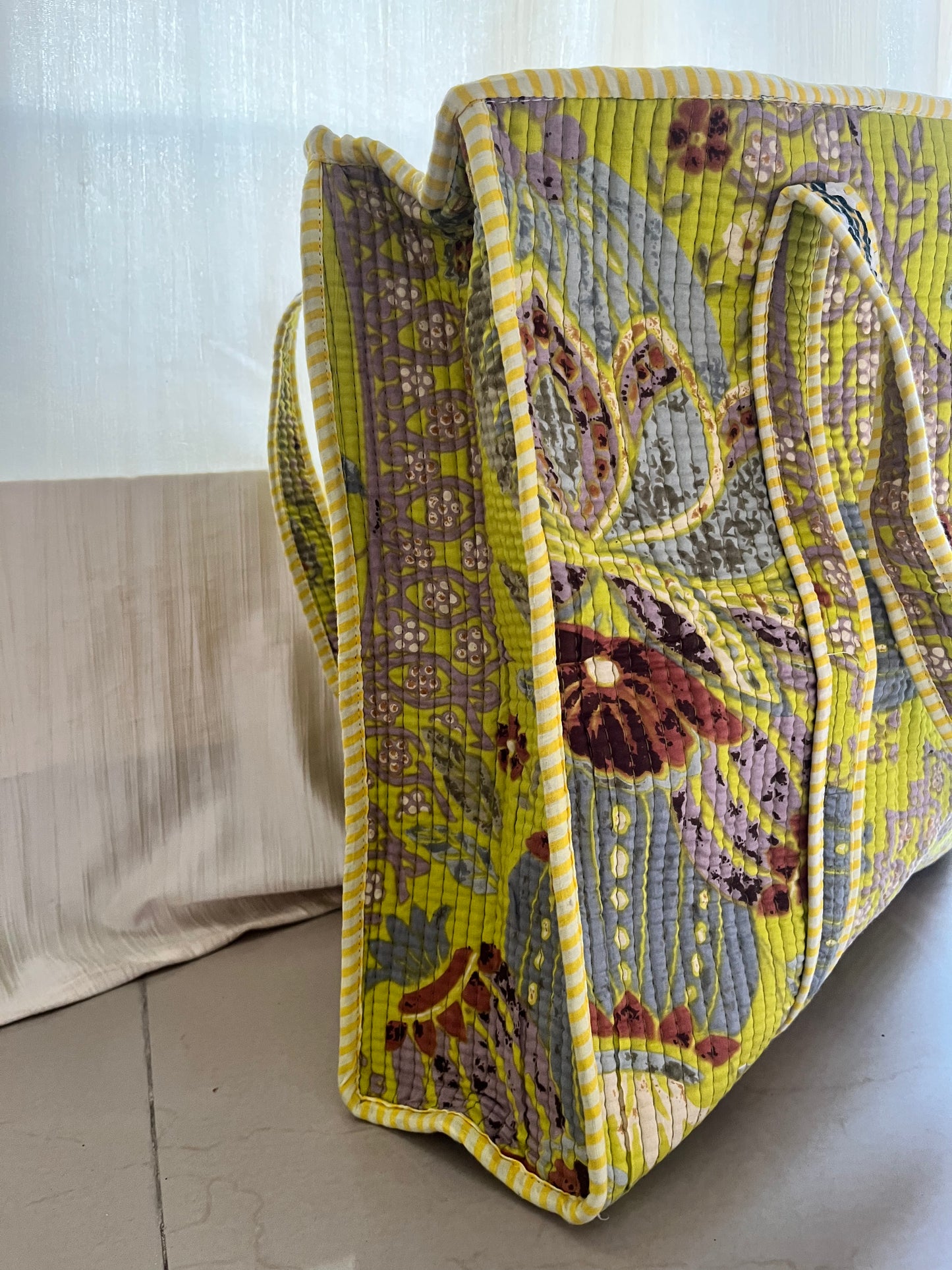 Lime Yellow Handblock Printed Quilted Tote Bag with concealed zip