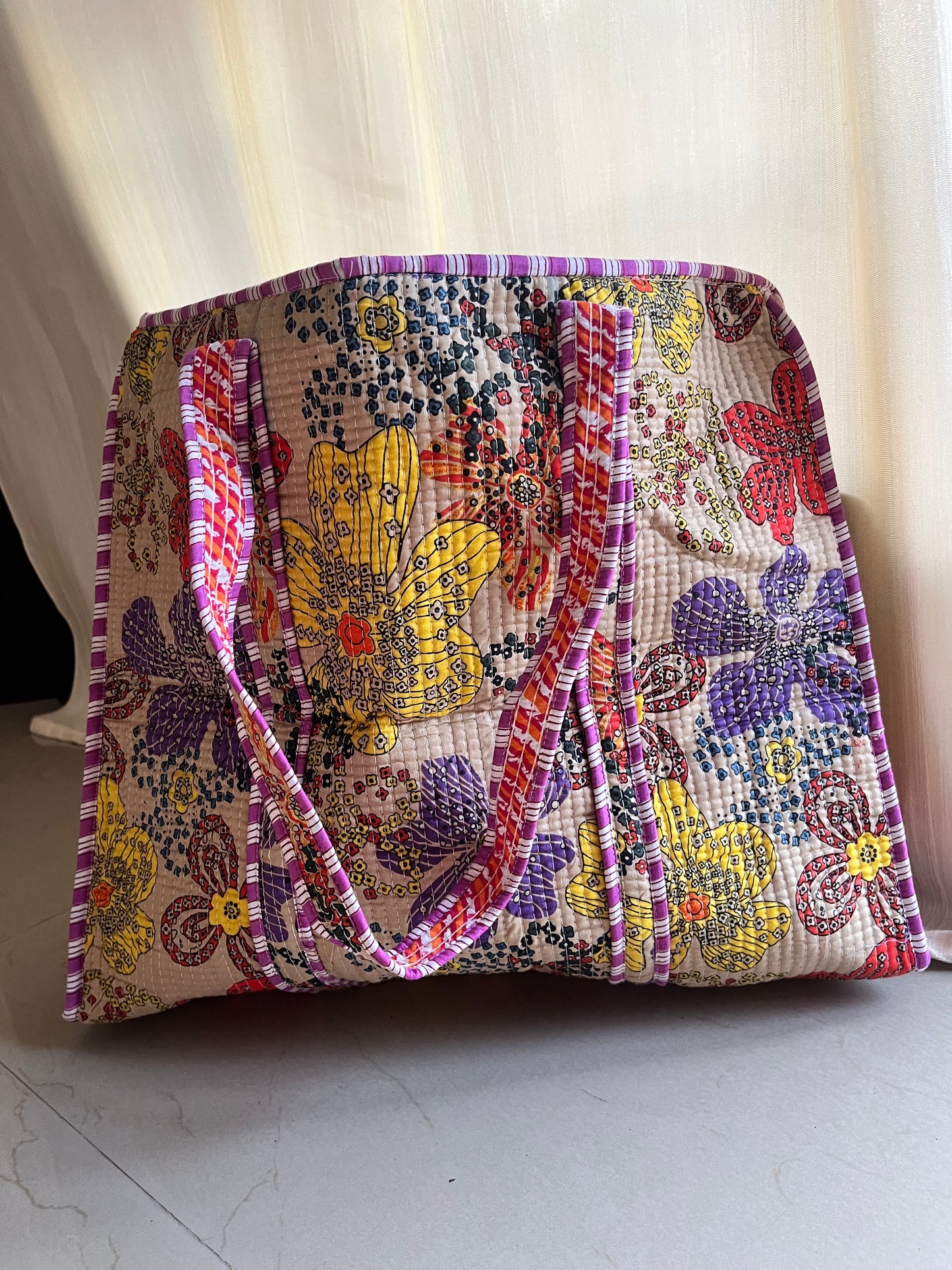Mocha printed Handblock Printed Quilted Tote Bag with concealed zip