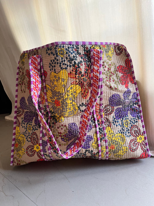 Mocha printed Handblock Printed Quilted Tote Bag with concealed zip