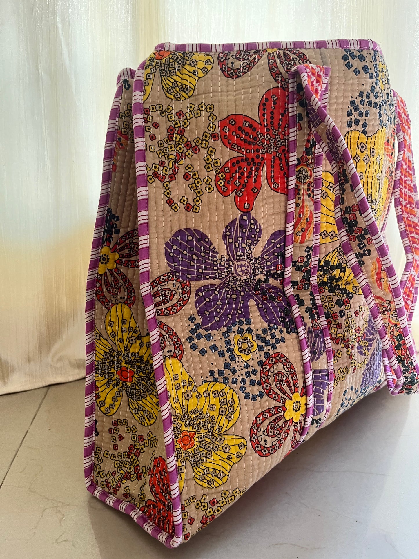 Mocha printed Handblock Printed Quilted Tote Bag with concealed zip