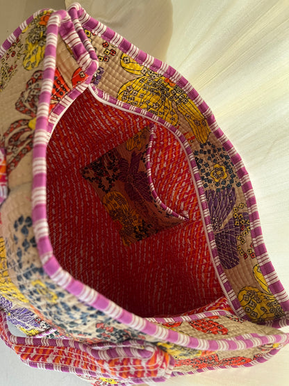 Mocha printed Handblock Printed Quilted Tote Bag with concealed zip
