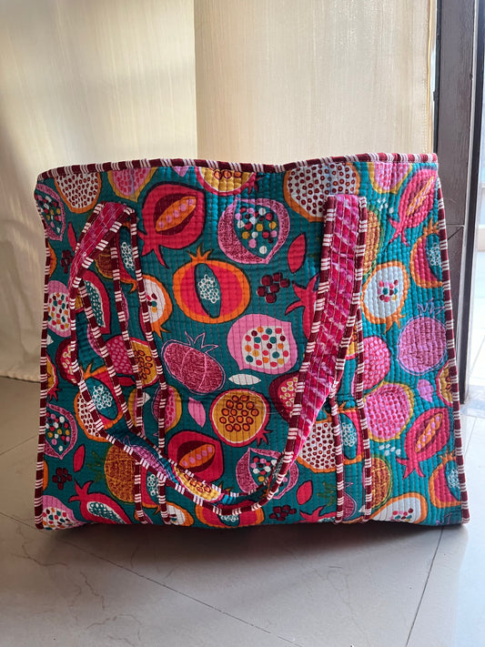 Sea green printed Handblock Printed Quilted Tote Bag with concealed zip