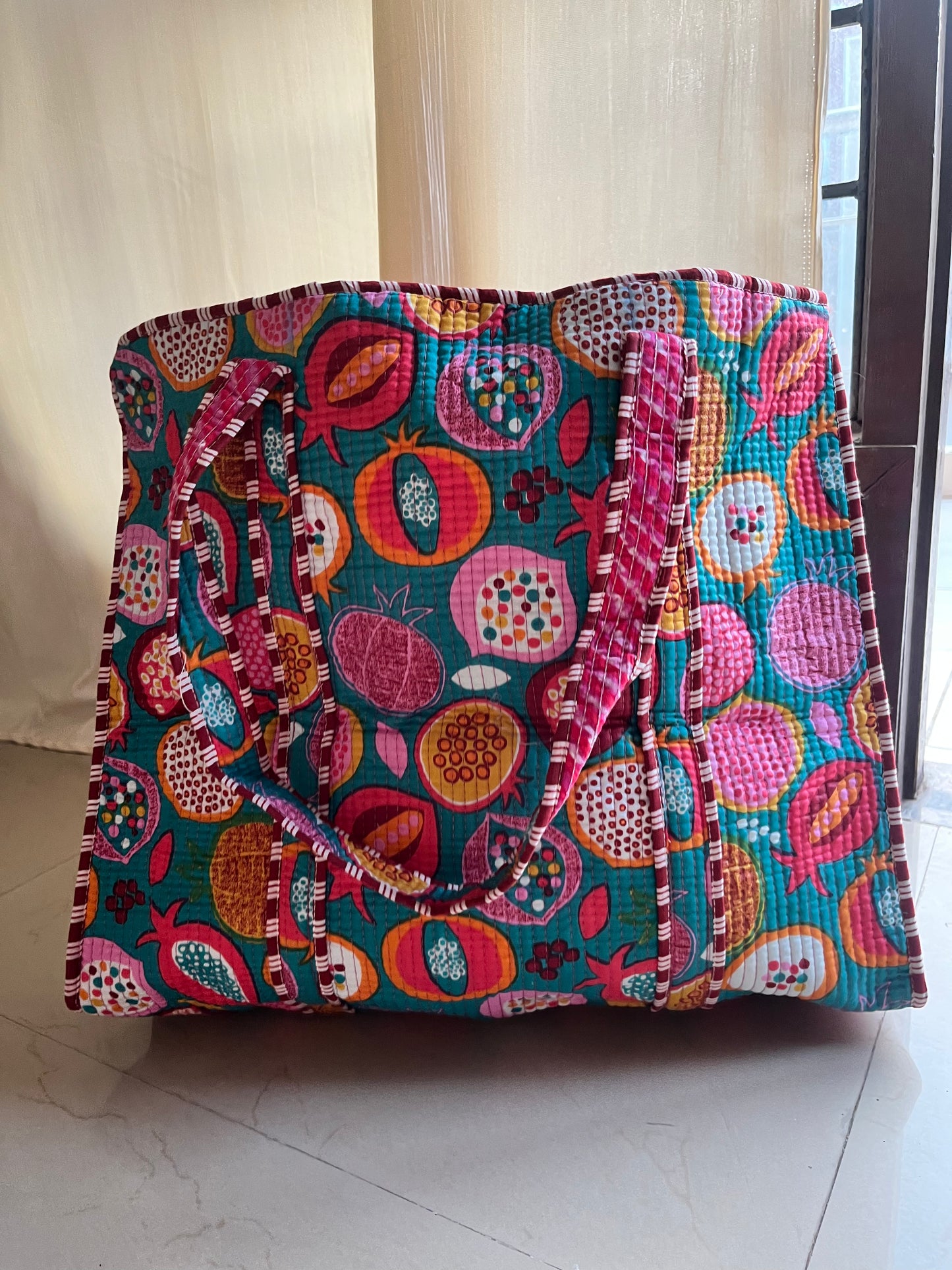 Sea green printed Handblock Printed Quilted Tote Bag with concealed zip