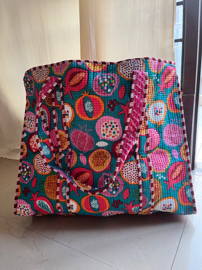 Sea green printed Handblock Printed Quilted Tote Bag with concealed zip