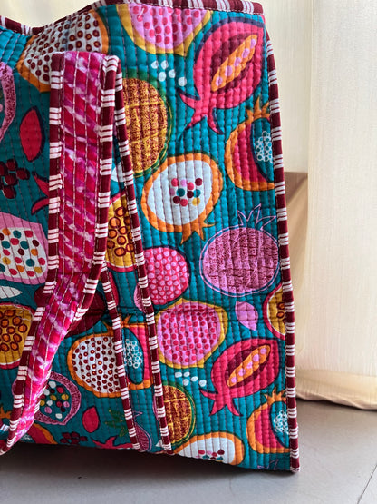 Sea green printed Handblock Printed Quilted Tote Bag with concealed zip