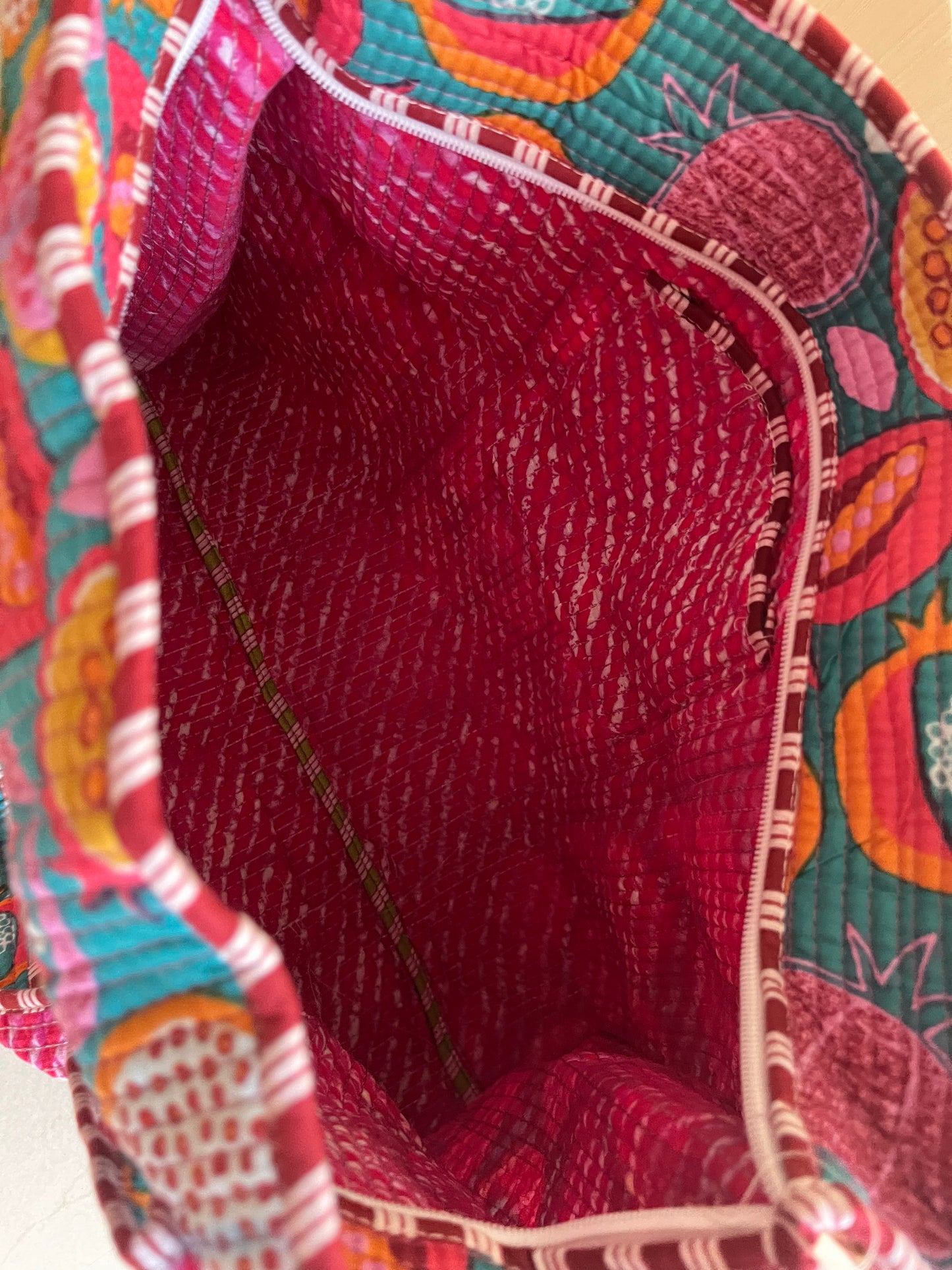 Sea green printed Handblock Printed Quilted Tote Bag with concealed zip