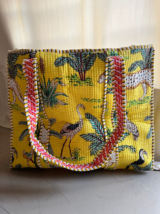 Yellow animal printed Handblock Printed Quilted Tote Bag with concealed zip