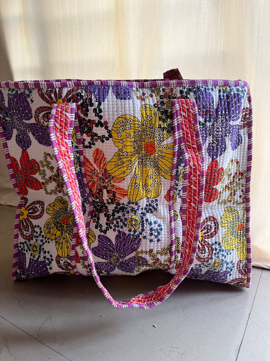 White printed Handblock Printed Quilted Tote Bag with concealed zip