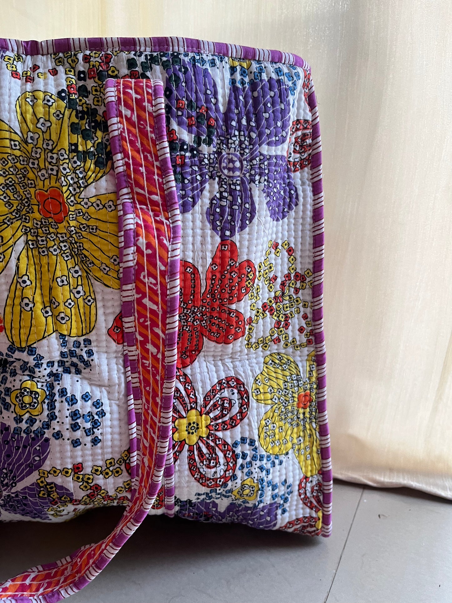 White printed Handblock Printed Quilted Tote Bag with concealed zip