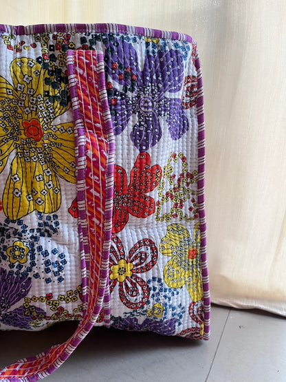 White printed Handblock Printed Quilted Tote Bag with concealed zip