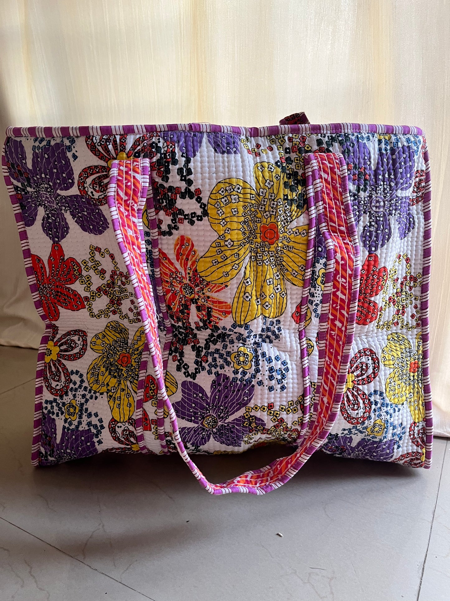 White printed Handblock Printed Quilted Tote Bag with concealed zip