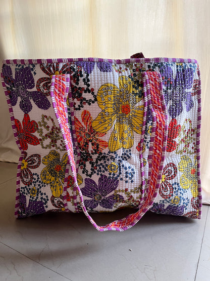 White printed Handblock Printed Quilted Tote Bag with concealed zip
