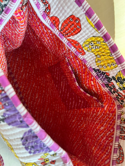 White printed Handblock Printed Quilted Tote Bag with concealed zip