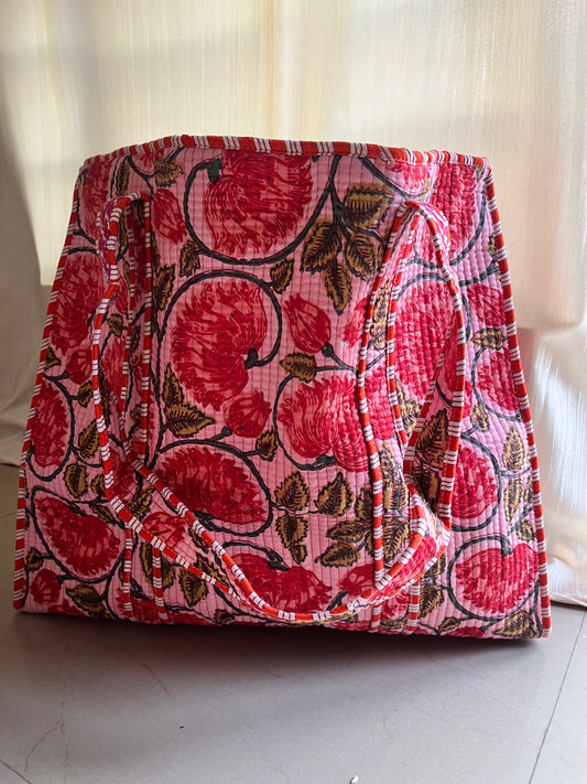 Pink Handblock Printed Quilted Tote Bag with concealed zip