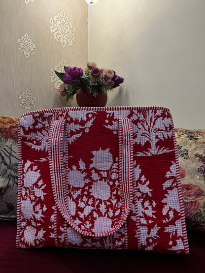 Red white Handblock Printed Quilted Tote Bag with concealed zip