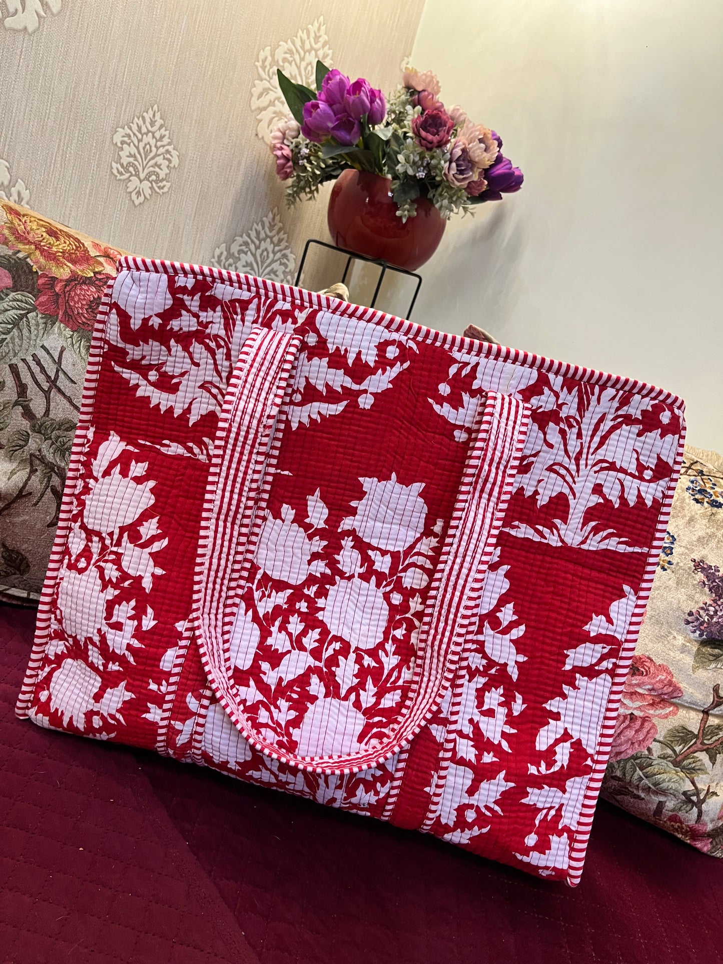 Red white Handblock Printed Quilted Tote Bag with concealed zip