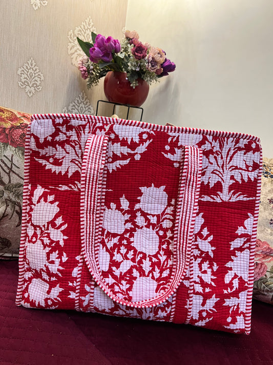 Red white Handblock Printed Quilted Tote Bag with concealed zip