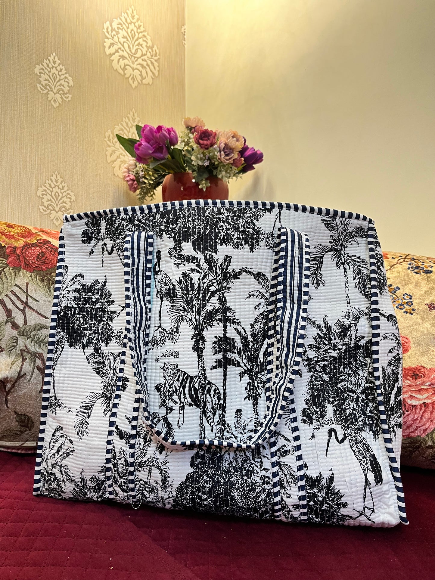 Black White Handblock Printed Quilted Tote Bag with concealed zip