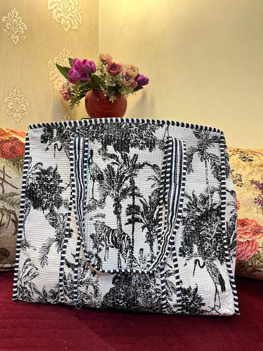 Black White Handblock Printed Quilted Tote Bag with concealed zip