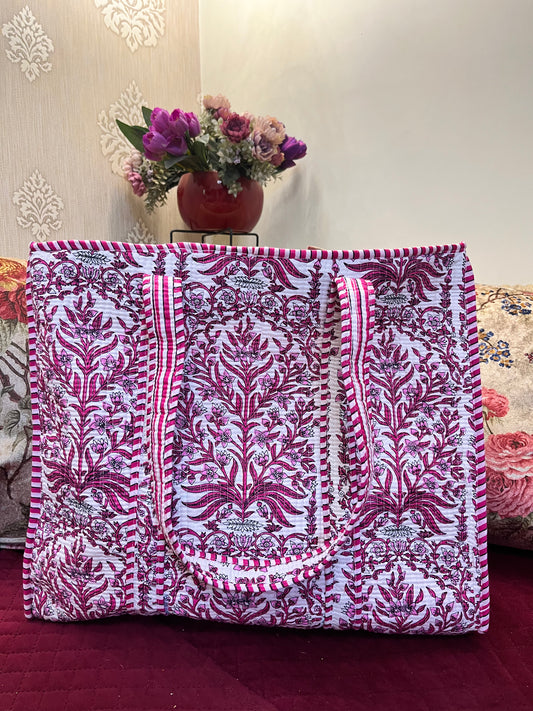 Mughal pink white Handblock Printed Quilted Tote Bag with concealed zip