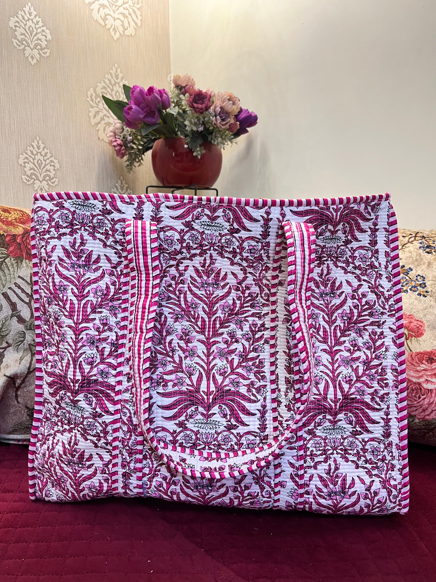 Mughal pink white Handblock Printed Quilted Tote Bag with concealed zip