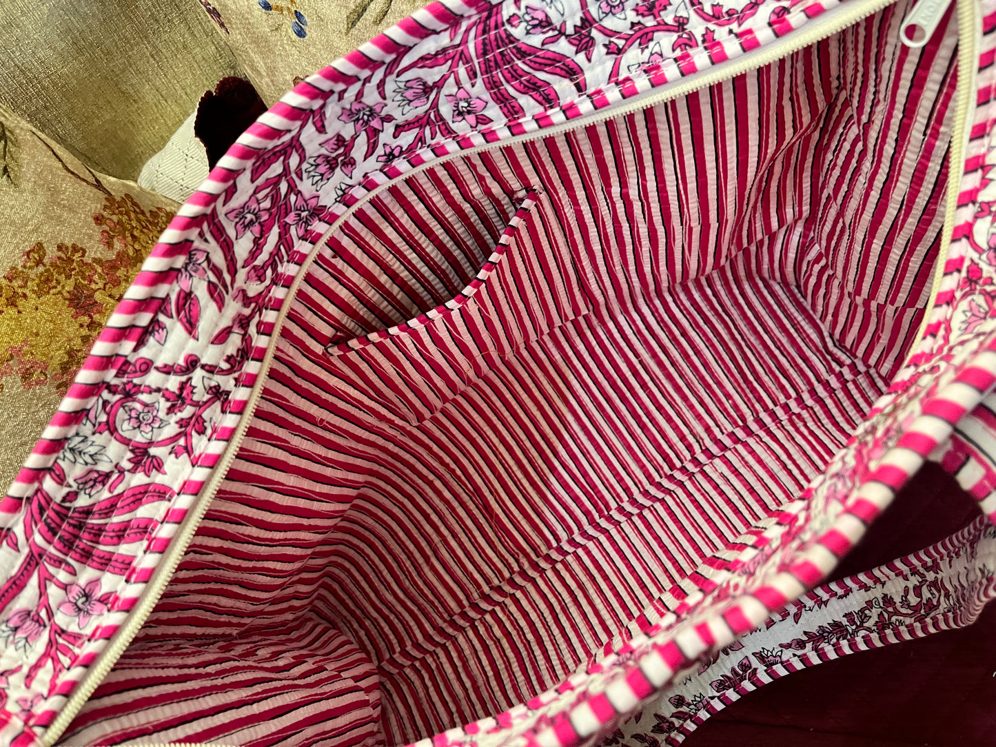 Mughal pink white Handblock Printed Quilted Tote Bag with concealed zip